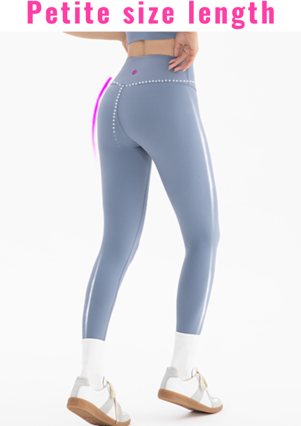 Woman in vivid yoga pants/petite activewear demonstrating petite size length for a perfect fit