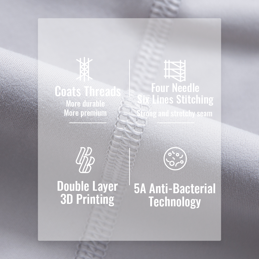 Top manufacturing skills used in petite activewear collections including 5A anti-bacterial technology, double layers 3D printing, coats threads and 4 needles 6 lines stitching